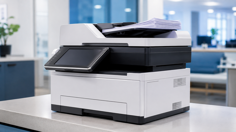 Office network multifunction scanner feeding paper documents for a scan-to-folder workflow